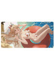 Power from Chainsaw Man anime on 32x16 inches mouse pad, lounging on a red floatie, turquoise water, white bikini with red dots.