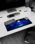 Peaceful 28x12 mouse pad featuring a glowing full moon, starry sky, and towering mountain peaks for a tranquil, cosmic workspace vibe