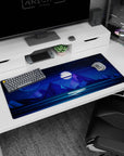 Quiet 36x16 anime desk mat with a glowing full moon, starry sky, and towering peaks for a serene, night-inspired workspace design