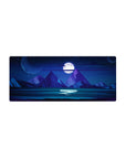 Midnight mountain 28x12 mouse pad featuring towering peaks, a glowing full moon, and a starry sky for cosmic serenity