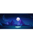 Midnight mountain 36x16 desk pad with towering peaks, a glowing full moon, and a starry sky for a calming, cosmic workspace vibe