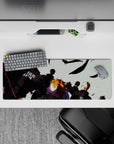 Orange hair, pale sky, and swirling black feathers set a focused pre-match mood on 32x12 inches mouse pad.