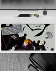 Anime mouse pad 32x16 inches in cool pale-sky tones, bold black feathers, and high-contrast energy.