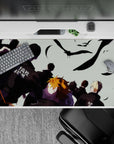 Orange hair, pale sky, black feathers—focused pre-match vibe anime desk pad 40x20 inches.