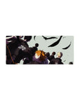 Haikyuu anime mouse pad 28x12 inches with team in dark warmups, bold Japanese lettering, feathers.