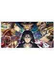 Mouse pad with Eren, 32x16 inches, facing Titans in a warzone, surrounded by electrified fragments and Titan shifters for intense combat.