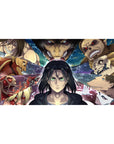 Mouse pad featuring Eren in the Titan warzone, 40x20 inches, with electrified fragments and Titan shifters surrounding him for an intense AOT design.