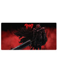 Mouse pad featuring Guts in his Berserker Armor, 32x16 inches, with a fiery red backdrop and menacing silhouette, perfect for adding primal rage and intensity to your desk.