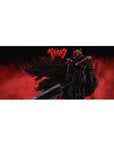 Berserk desk pad featuring Guts in his Berserker Armor, with a fiery red background and a menacing silhouette, 36x16 inches, ideal for adding primal rage to your desk setup.