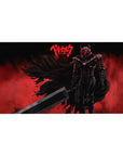Desk pad featuring Guts in his Berserker Armor with a fiery red backdrop and menacing silhouette, 40x20 inches, perfect for unleashing primal rage and intensity in your workspace.