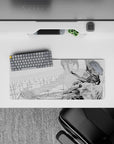 Makima and Chainsaw Man mouse pad, 28x12 inches. Grayscale design captures intense anime moment with striking contrast.