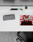 Red and white anime mouse pad 14x10 inches with vivid green sensor glow, bold, intense mecha vibe.