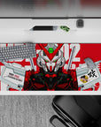 36x16 inches anime desk pad in bold red and crisp white, with vivid green sensor glow and sleek sci-fi vibe.