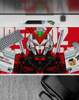 40x20 inches anime desk pad in bold red and crisp white with vivid green sensor glow, sleek sci-fi vibe.