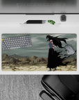 Ichigo Kurosaki in full Hollow form from Bleach on 32x16 inch anime mouse pad, amid a desolate wasteland, exuding intensity.