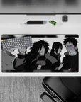 32x16 inches anime mouse pad in sleek grayscale with red Sharingan eyes and a purple Rinnegan pop.