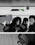 36x16 inches extended desk mat in sleek grayscale with pop red Sharingan and purple Rinnegan, dark mood.