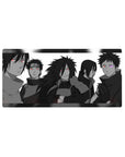 32x16 inches anime mouse pad with Sasuke, Itachi, Madara, Obito and Shisui lineup in grayscale.