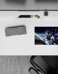 Stormy, dramatic anime mouse pad 14x10 inches with white armor, blue panels, gold chest, red chin.