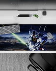 Stormy sky desk pad 36x16 inches, crisp white and blue armor, gold chest, red chin, neon blade.