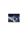 Classic anime mouse pad 14x10 inches with Gundam Exia mecha art over stormy sky and rocky terrain.