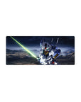 28x12 inches anime mouse pad featuring Gundam Exia in stormy skies over rocky ground, blade raised.