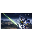 Gundam Exia anime mouse pad 32x16 inches with neon blade, stormy sky backdrop, rocky terrain.