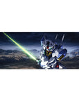 Gundam Exia anime desk pad 36x16 inches with mecha armor and glowing blade on rocky terrain.