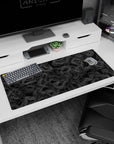 Artistic 36x16 inches desk pad with topographic contour lines, blending delicate white details with a dark background for a sophisticated, calming look.