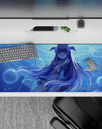 36x16 inches aqua-blue anime desk pad, cool glowing underwater vibe with shimmering bubbles and soft pastel tones.