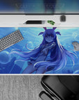 Cool aqua glow anime desk pad 40x20 inches with dreamy blue water, lavender hair, and soft vibes.