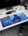 36x16 inches desk pad showing weightless anime girl reaching out underwater, long lavender hair flowing, calm gaze.