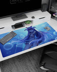 Floating anime girl with long lavender hair reaching out in blue ocean bubbles desk pad 40x20 inches.