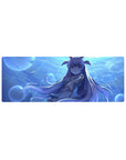 Blue ocean anime girl mouse pad 32x12 inches with floating schoolgirl, bubbles, lavender hair, bunny ears.