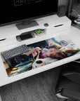 Anime desk pad 36x16 inches featuring Power, Denji, and Aki from Chainsaw Man, lounging in morning light with playful energy.