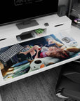 Anime desk pad 40x20 inches featuring Power, Denji, and Aki from Chainsaw Man; captures a cozy, chaotic scene.
