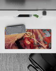 Epic 28x12 mouse pad featuring fiery red and gold hues, angelic wings, and a holy sword, creating a celestial battlefield vibe at your desk
