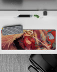 Celestial fury 32x12 mouse pad featuring intricate holy sword and angelic wings in fiery red and gold for an epic anime-inspired desk design