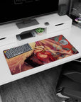 Epic 32x16 mouse pad with fiery red and gold hues, an intricate holy sword, and angelic wings, perfect for anime fans who love dramatic artistry