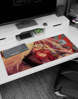 Epic 36x16 anime desk mat with fiery red and gold tones, angelic wings, and a holy sword, perfect for transforming your desk into an epic battleground