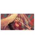 Chainsaw Man 32x16 mouse pad with fiery red and gold hues, intricate holy sword, and angelic wings for a dramatic and celestial desk atmosphere