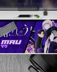 Purple neon night vibe anime desk pad 40x20 inches, bold purples, glowing signage, dreamy late-night mood.
