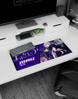 Anime girl Mau perched in black outfit with thigh-highs and oversized scarf mouse pad 28x12 inches.