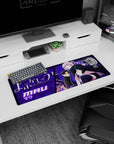 32x12 inches anime girl mouse pad featuring Mau in black outfit, thigh-highs, and oversized scarf on a perch.