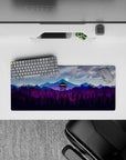 28x12 inches mouse pad with mountain forest design, featuring glowing watchtower and purple-blue mountain ranges for a calming, nature-filled vibe.