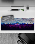 32x12 inches mouse pad with mountain forest design, glowing watchtower and purple-blue mountain ranges for a peaceful and calming atmosphere.