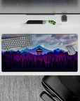 32x16 inches mouse pad with mountain forest design, featuring glowing watchtower and purple-blue mountain ranges for a calming, serene effect.