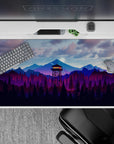 40x20 inches mouse pad with mountain forest design, featuring a glowing watchtower and purple-blue mountain ranges for a peaceful, nature-inspired look.