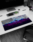 Modern 32x16 inches mouse pad featuring mountain forest design, glowing watchtower and purple-blue mountain ranges to evoke tranquility and peace.