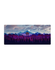 Mouse pad featuring mountain forest design, 28x12 inches, with glowing watchtower and purple-blue mountain ranges for a serene workspace effect.
